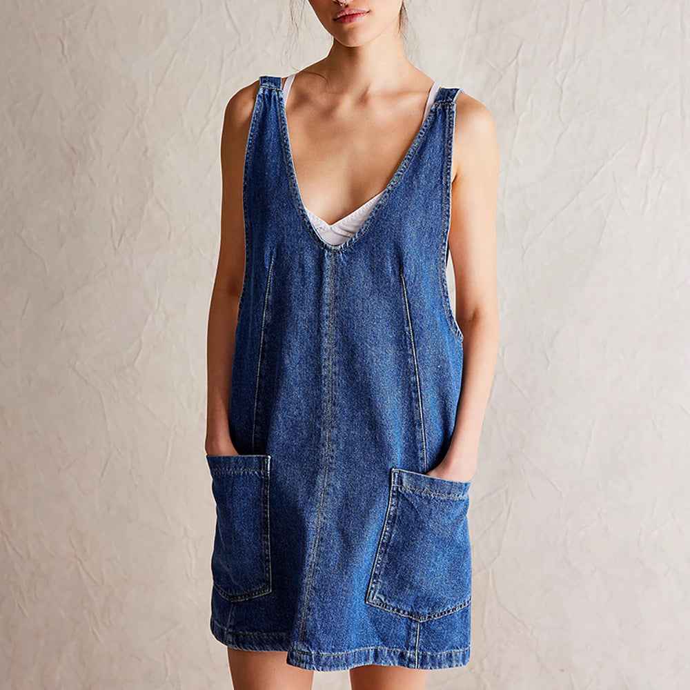 Summer Women's Denim Strap Pocket Mini Dress - Vintage A-Line Backless Sleeveless Design-Casual Fashion - The Artisan's Wardrobe