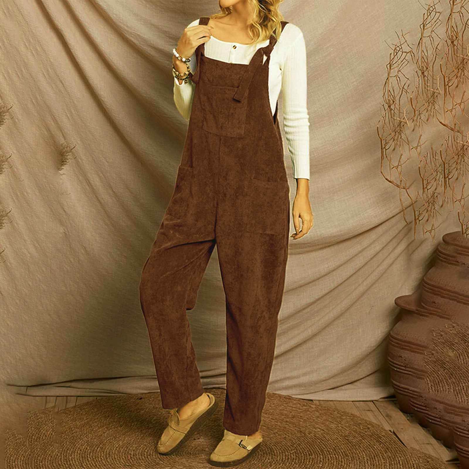 Corduroy Shoulder Strap Jumpsuit with Multi Pockets-Casual Fashion - The Artisan's Wardrobe