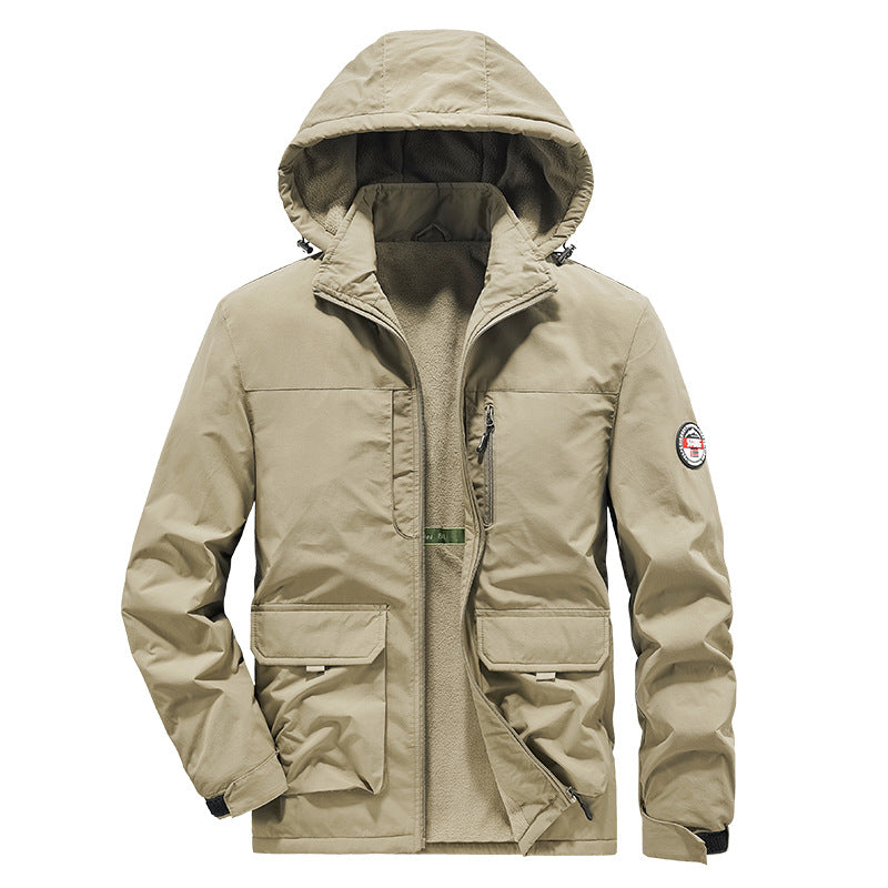 Men's casual outdoor hooded jacket in large size, with multiple pockets and thick fleece, this is a men's style jacket