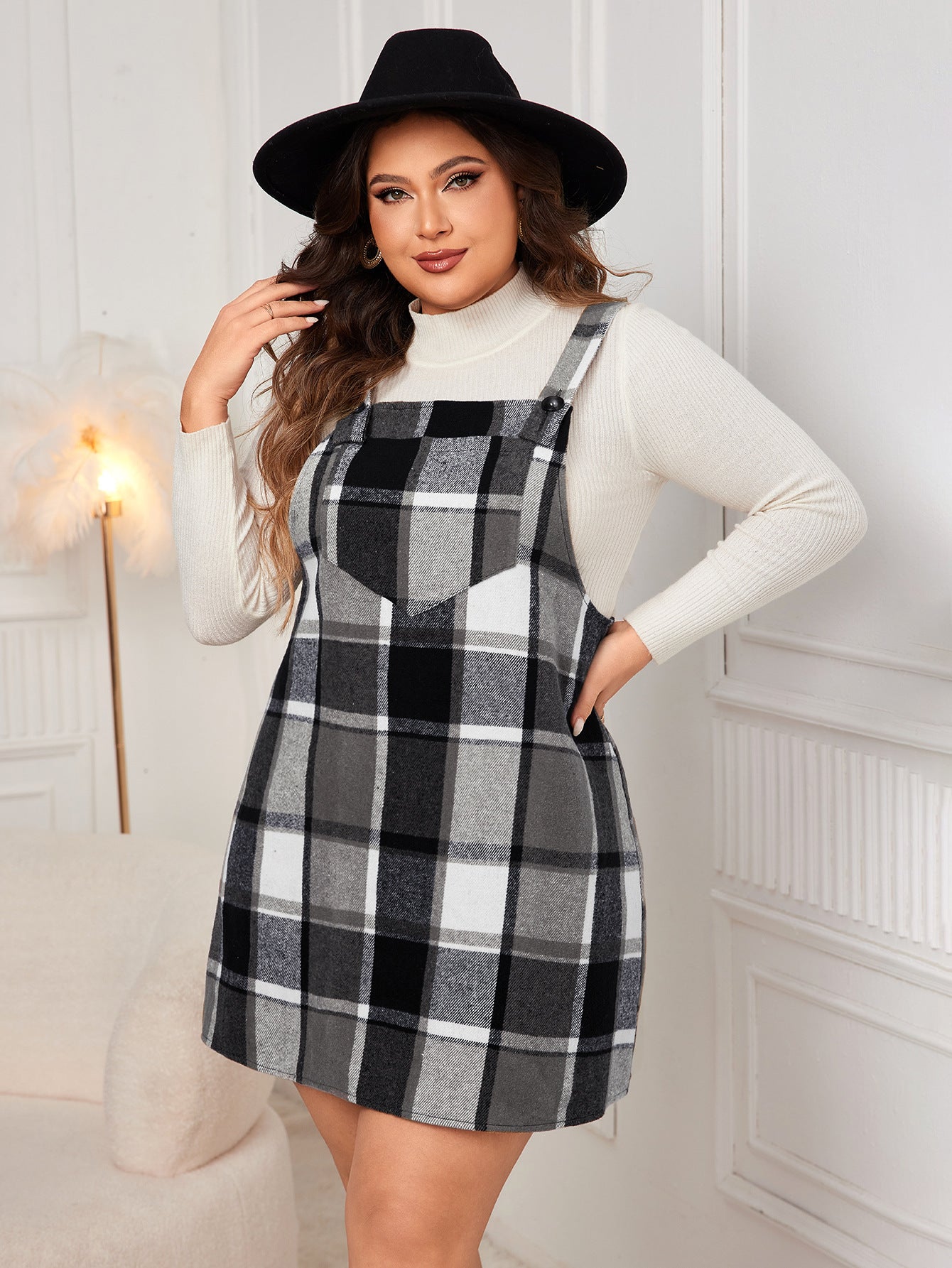 Oversized Fall Dresses Women V Neck Plaid Sleeveless Mini Pinafore Overall with Pockets for Casual and Bridesmaid Wear-Casual Fashion - The Artisan's Wardrobe