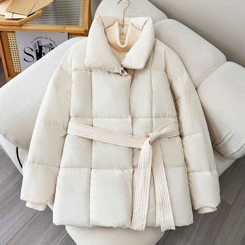 Winter Thick Stand Collar Women's Winter Puffer Jackets with Tie Waist - Elegant Short Coats for Ladies Streetwear-Casual Fashion - The Artisan's Wardrobe