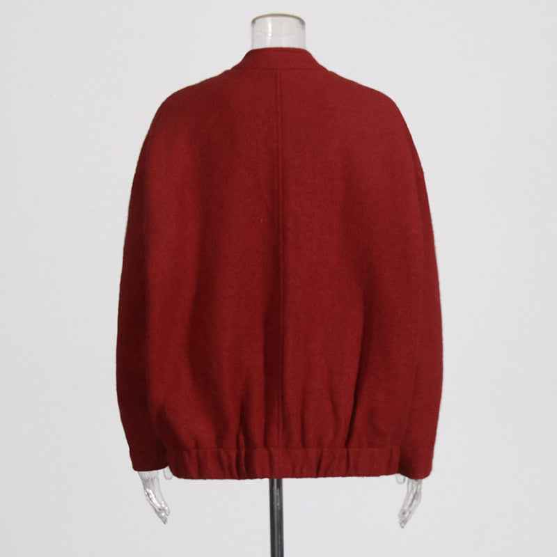 Minimalist Woolen Baseball Jacket for Women - Long Sleeved Slim Fit Stand Up Collar-Casual Fashion - The Artisan's Wardrobe