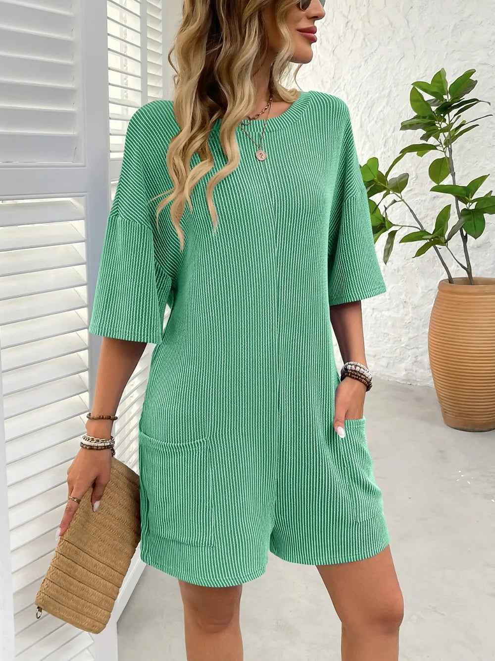 Backless Textured Romper with Round Neck and Half Sleeves for a Trendy Style-Casual Fashion - The Artisan's Wardrobe