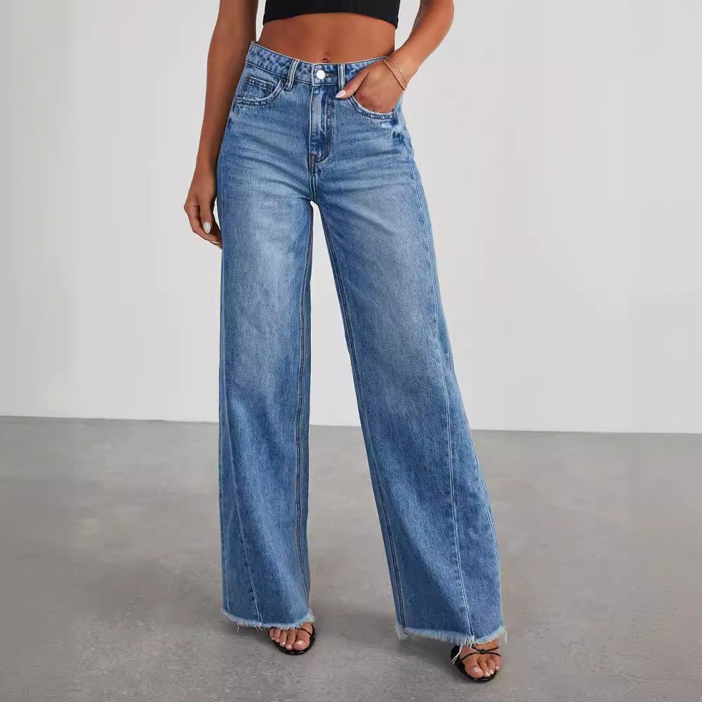 Loose Wide Leg Denim Jeans with Side Seam Splicing and Brushed Hem for Women-Casual Fashion - The Artisan's Wardrobe