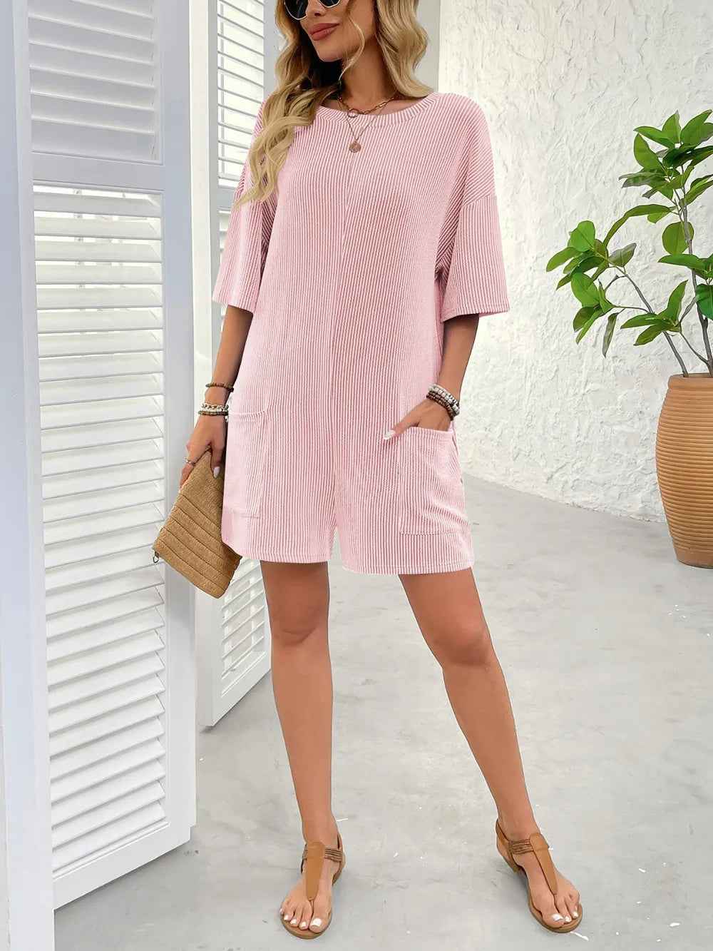 Backless Textured Romper with Round Neck and Half Sleeves for a Trendy Style-Casual Fashion - The Artisan's Wardrobe