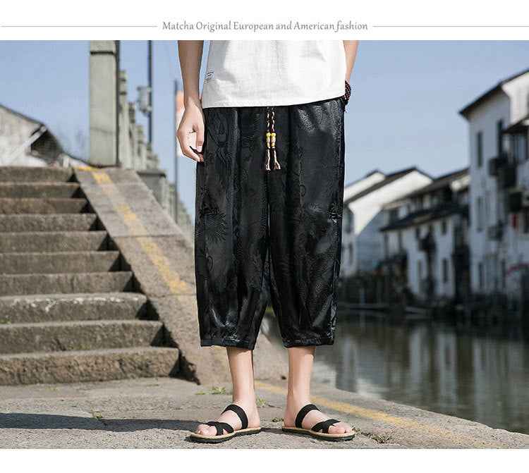 Summer Chinese Style Dragon Pattern Beach Pants for Men - Wide Leg Ice Silk Plate Button Design-Casual Fashion - The Artisan's Wardrobe