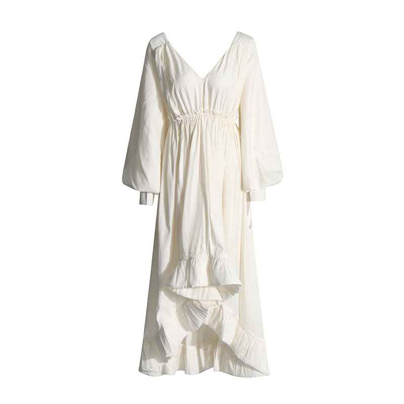 Fashionable V-neck Lantern Sleeve Dress with Elegant Pleated Lotus Leaf Edges for Women-Casual Fashion - The Artisan's Wardrobe