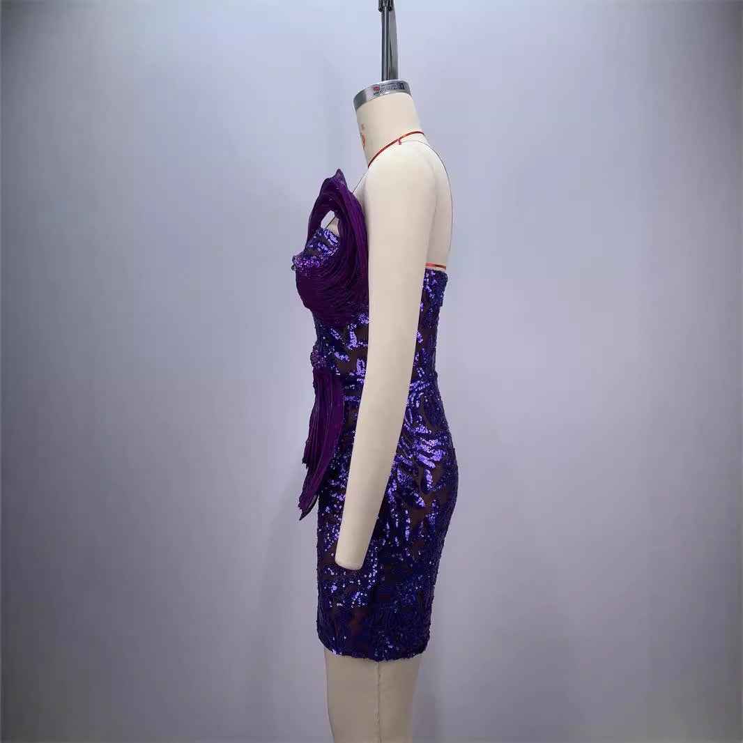 Fashionable Backless Purple Mini Dress with One Shoulder Design and Sequin Mesh Accents-Casual Fashion - The Artisan's Wardrobe