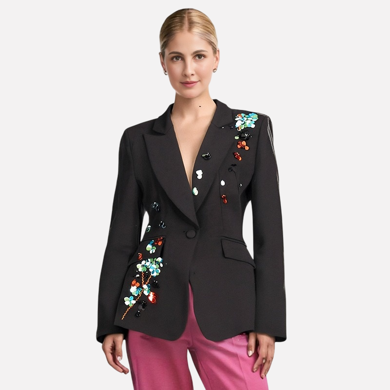 Fashion-forward Elegant Solid Color Slim Fit Sequined Suit Jacket