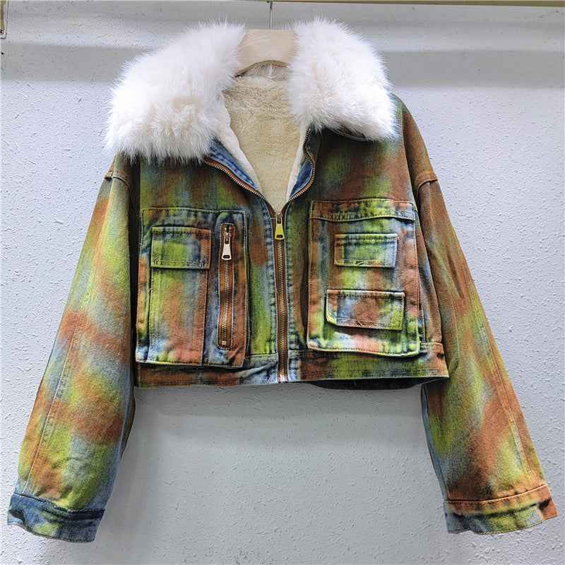 Hand Drawn Denim Jacket - Woolen Collar Fleece Short Denim Jacket for Women by Heavy Industry in American Style-Casual Fashion - The Artisan's Wardrobe