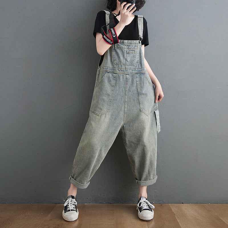 Vintage Denim Jumpsuit Women Sleeveless Retro Spaghetti Strap Ankle-Length with Side Pockets-Casual Fashion - The Artisan's Wardrobe