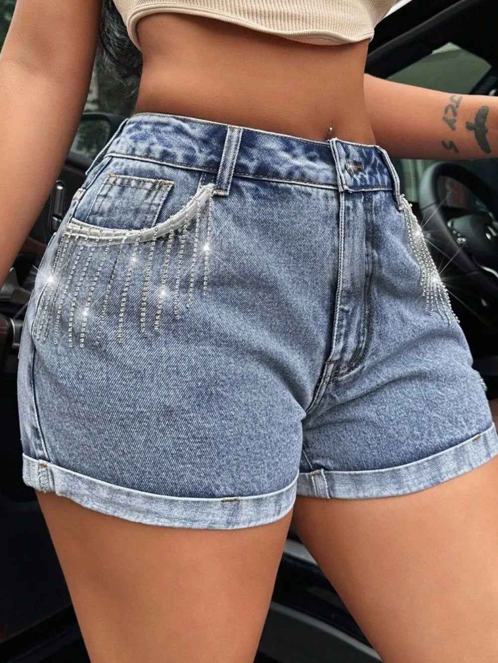 Rhinestone Denim Shorts with Fringe for Trendy Fashion