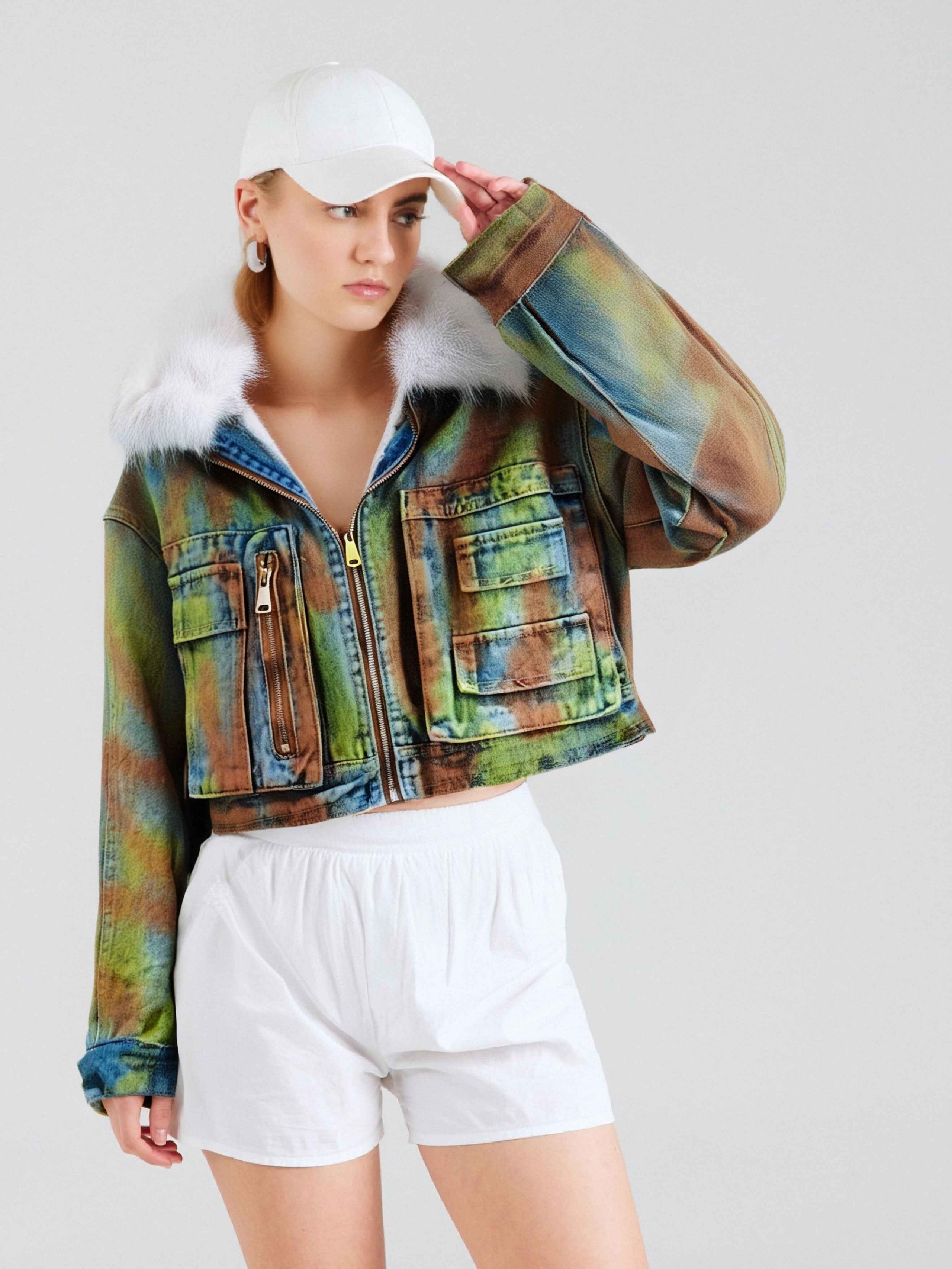 Hand Drawn Denim Jacket - Woolen Collar Fleece Short Denim Jacket for Women by Heavy Industry in American Style