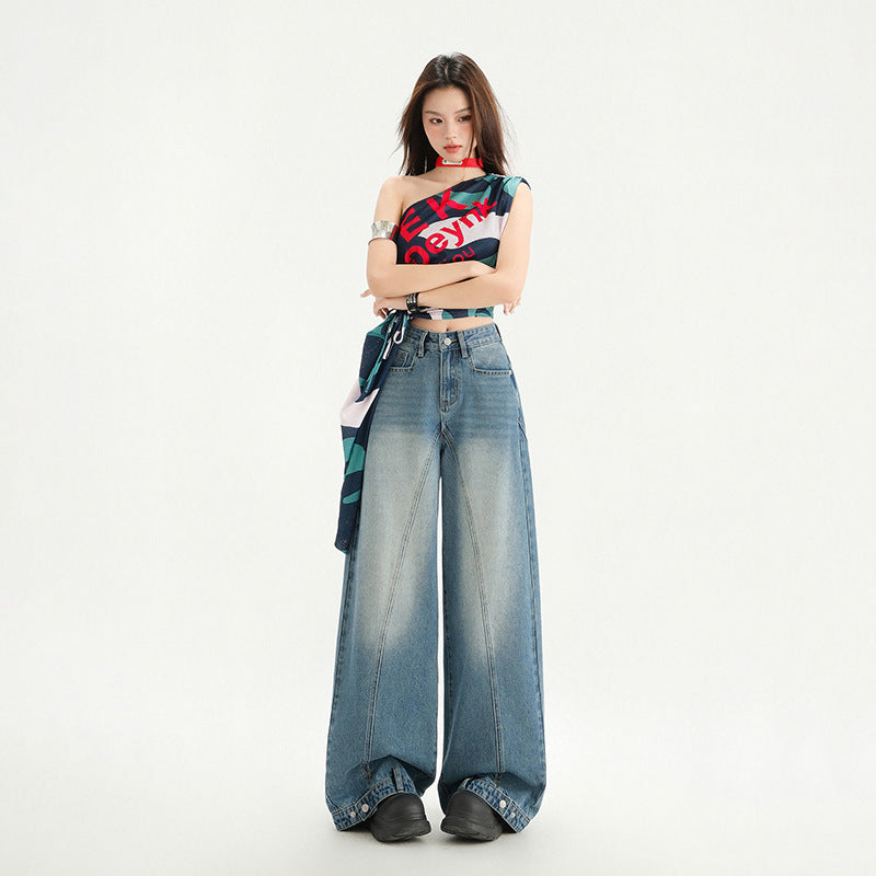 High Street Patchwork Wide Leg Pants Spring  Loose Washed Straight Leg Jeans for Women