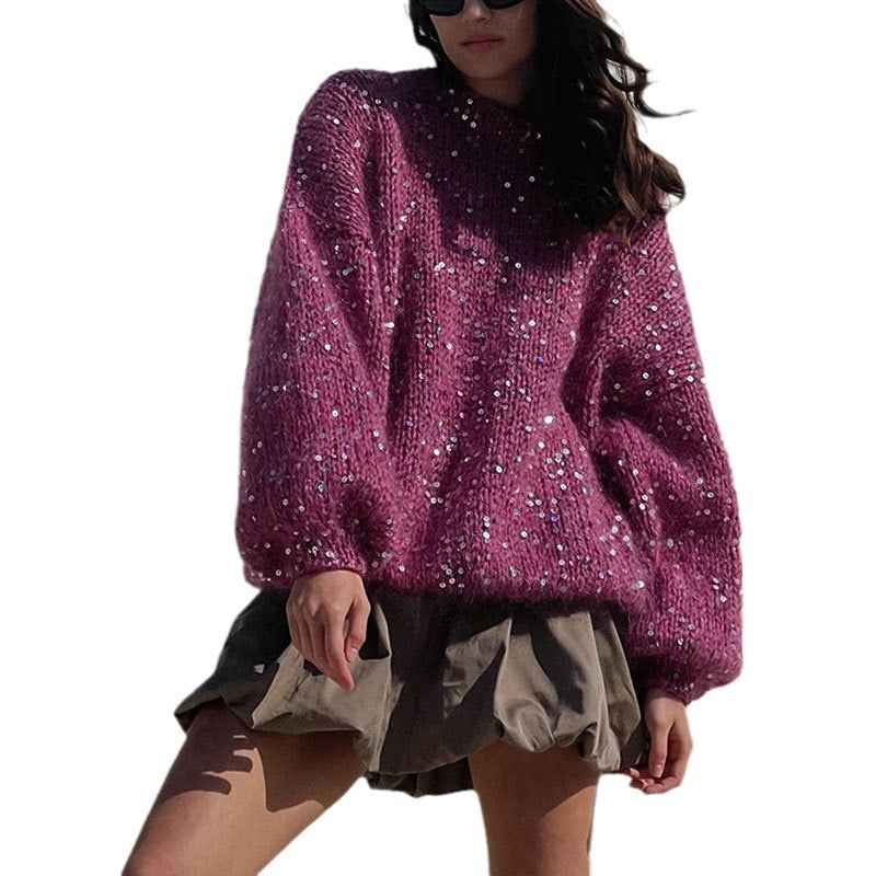 Fashionable sequined sweater, loose round neck lantern sleeve head, knitted sweater-Casual Fashion - The Artisan's Wardrobe