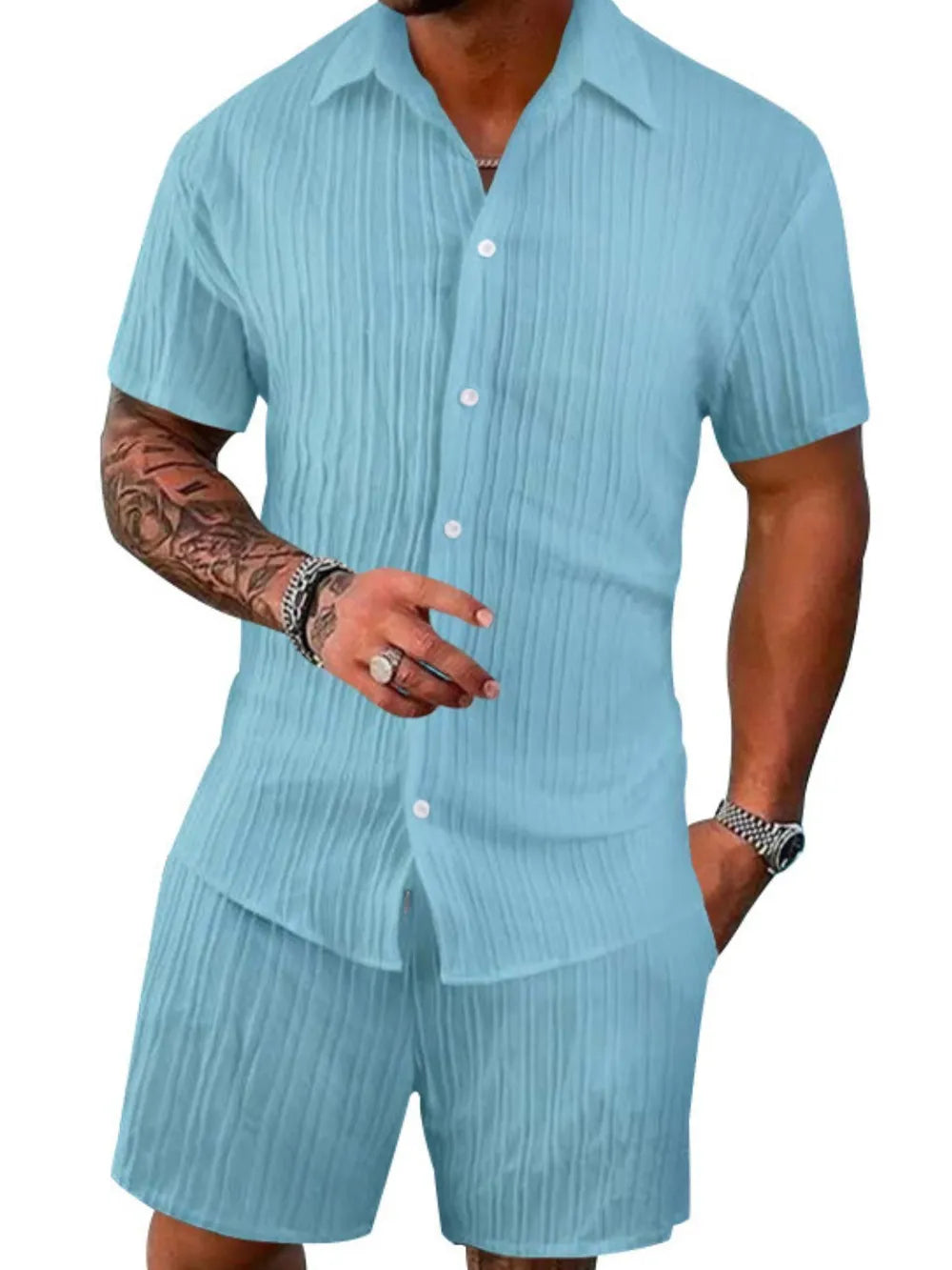 Men's Plus Size Short Sleeve Shirt and Shorts Set in Full Size-Casual Fashion - The Artisan's Wardrobe