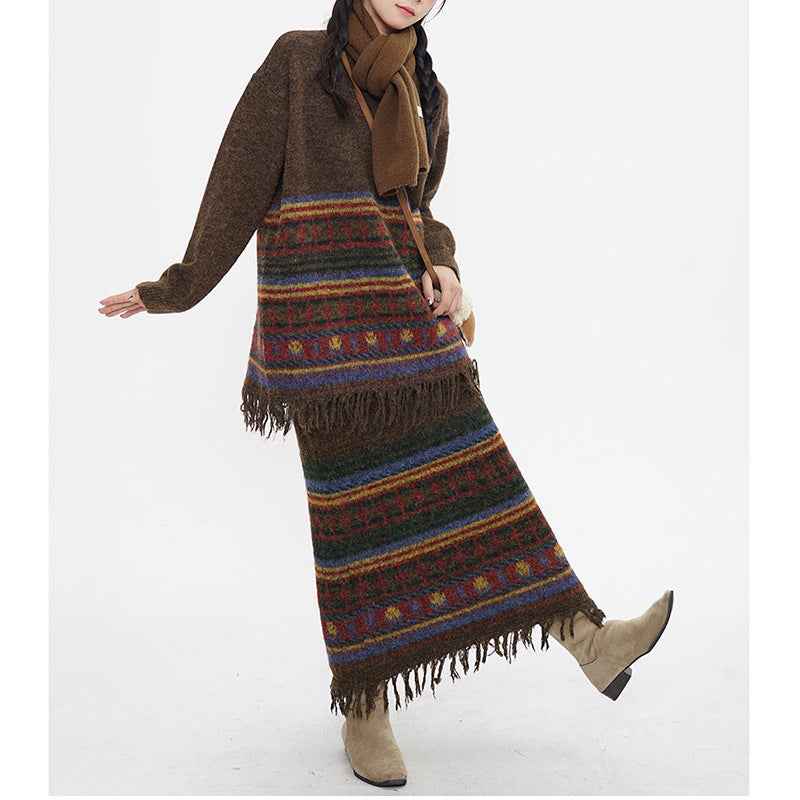 Ethnic Retro Knit Sweater Set with Tassel Pullover and Striped Skirt for Women - Autumn and Winter Fashion-Casual Fashion - The Artisan's Wardrobe