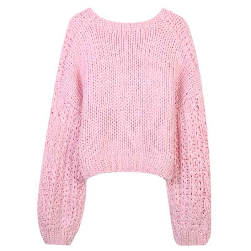 Women's Pink Knit Cardigan - Long Sleeved V-Neck Hollow Thick Loose Knit Jacket-Casual Fashion - The Artisan's Wardrobe