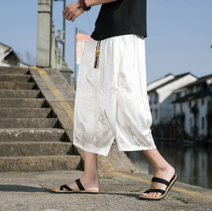Summer Chinese Style Dragon Pattern Beach Pants for Men - Wide Leg Ice Silk Plate Button Design-Casual Fashion - The Artisan's Wardrobe