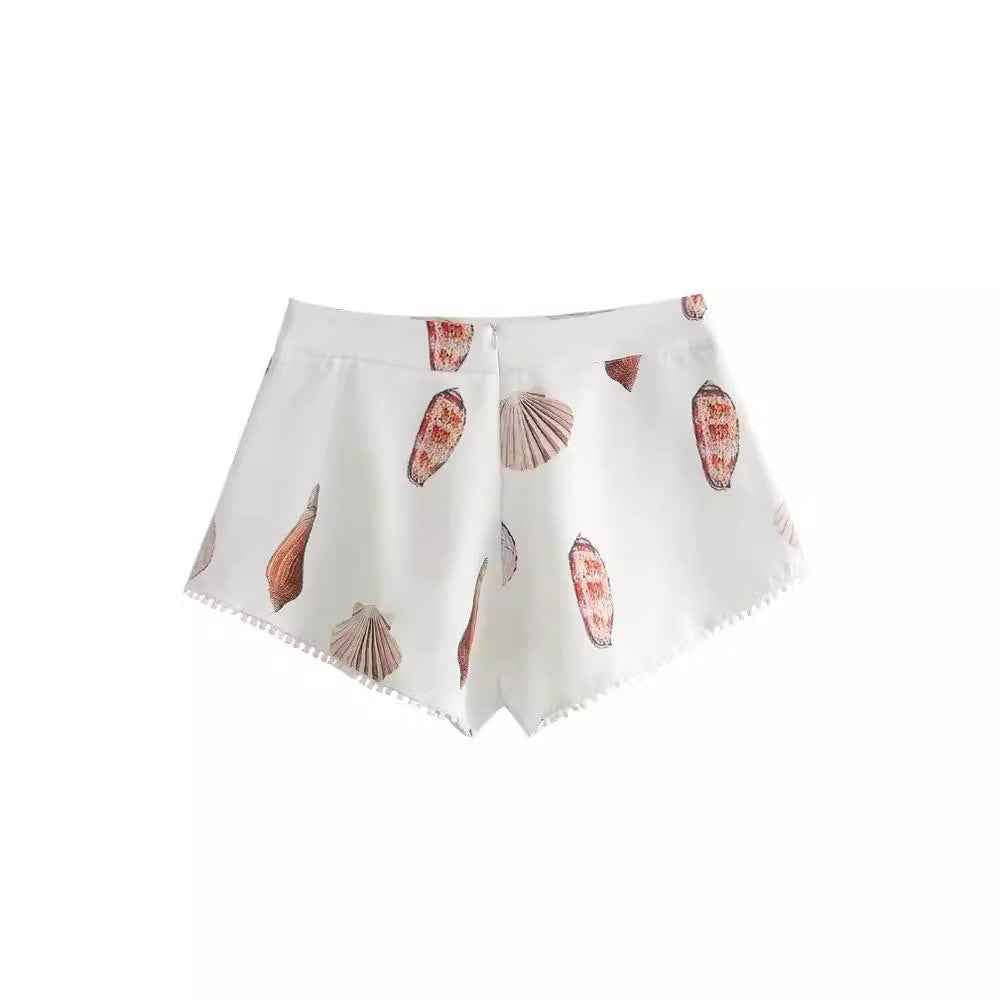 Fashion Shell Printed Long Sleeve Women's Casual Printed Shirt Set with Splicing Shorts-Casual Fashion - The Artisan's Wardrobe