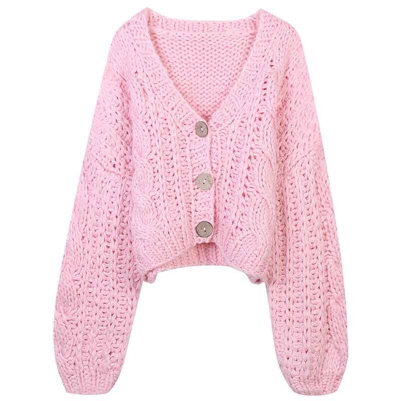 Women's Pink Knit Cardigan - Long Sleeved V-Neck Hollow Thick Loose Knit Jacket