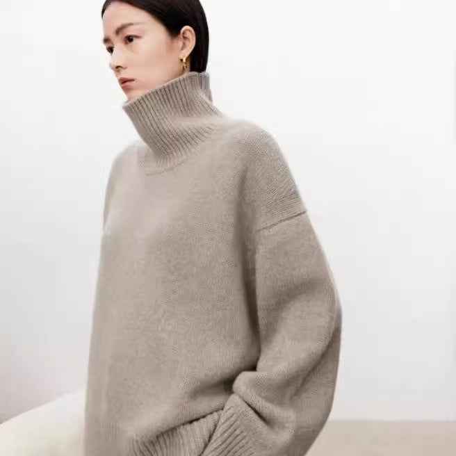 High Neck Cashmere Sweater Women - Loose Thick Woolen Sweater with Knitted Base