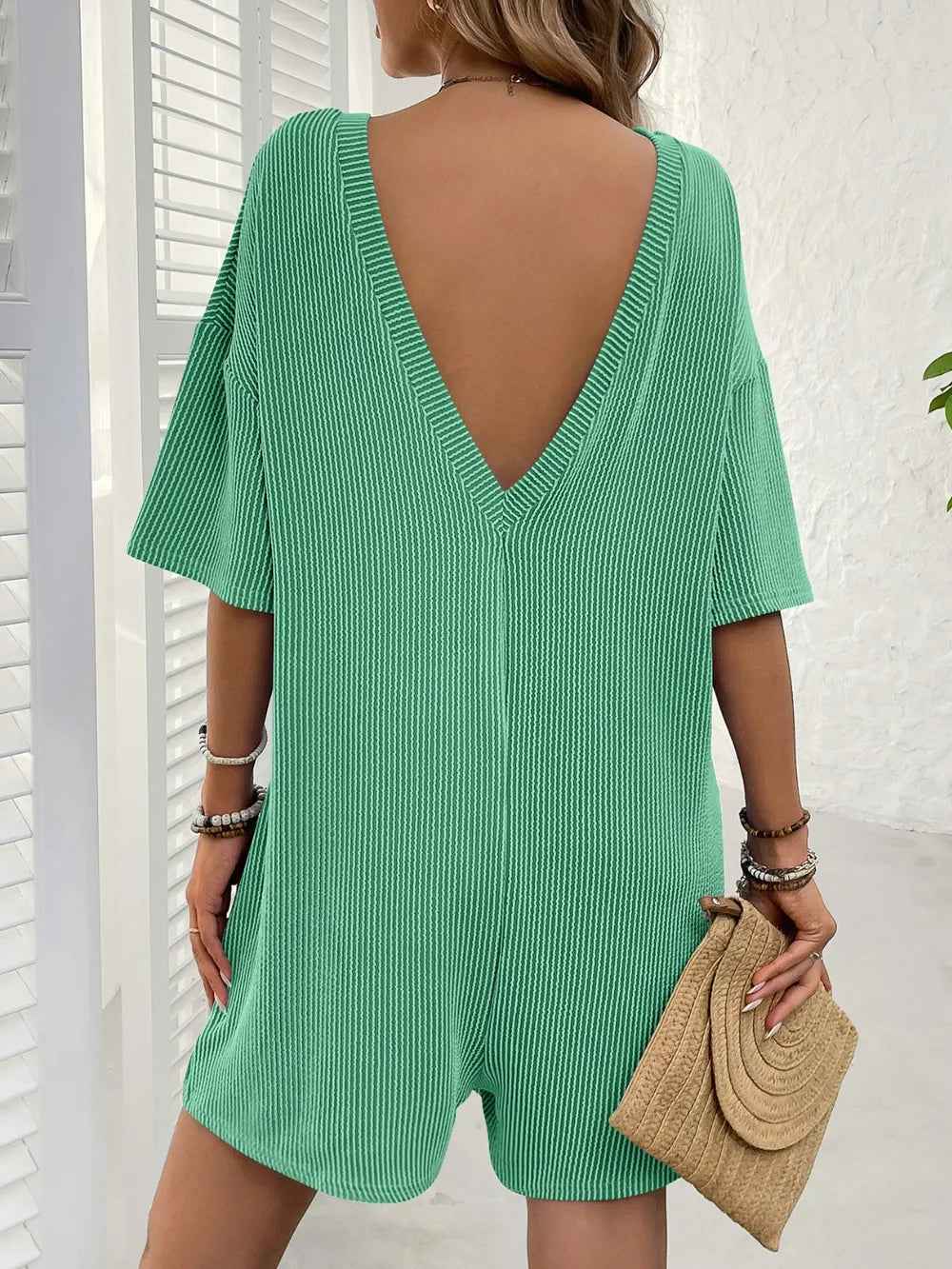 Backless Textured Romper with Round Neck and Half Sleeves for a Trendy Style-Casual Fashion - The Artisan's Wardrobe