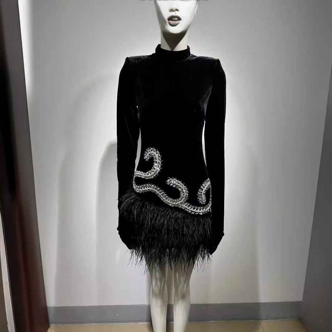 Diamond Feather Skirt Dress with Shoulder Pads - Fashionable Retro Black Short Dress for Banquet and Performance-Casual Fashion - The Artisan's Wardrobe