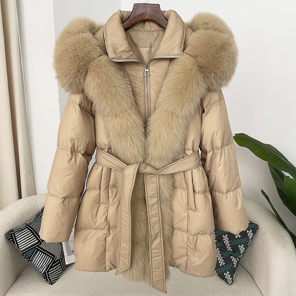 Hooded Down Jacket with Fox Fur Collar for Women-Casual Fashion - The Artisan's Wardrobe
