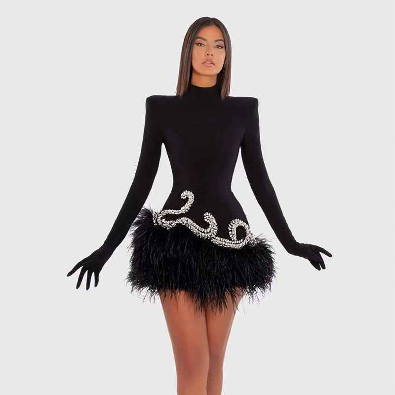 Diamond Feather Skirt Dress with Shoulder Pads - Fashionable Retro Black Short Dress for Banquet and Performance-Casual Fashion - The Artisan's Wardrobe