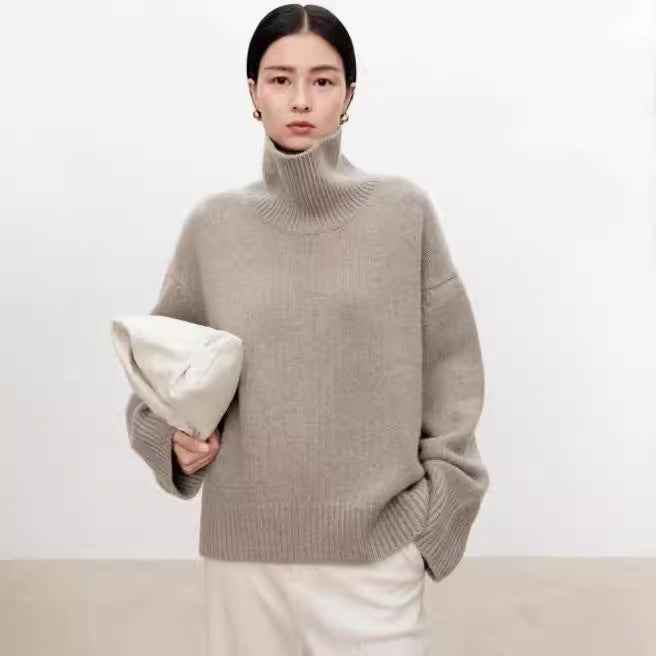High Neck Cashmere Sweater Women - Loose Thick Woolen Sweater with Knitted Base-Casual Fashion - The Artisan's Wardrobe