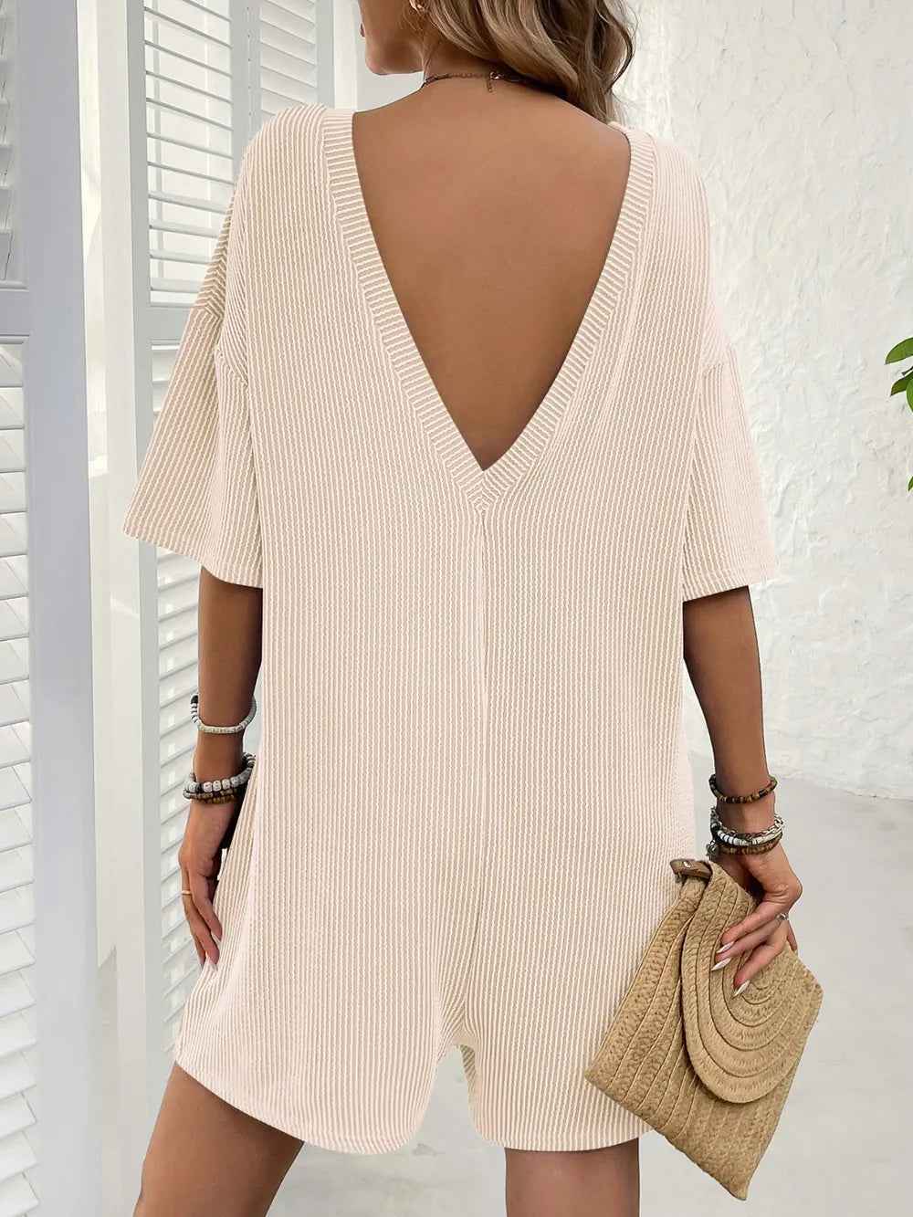 Backless Textured Romper with Round Neck and Half Sleeves for a Trendy Style-Casual Fashion - The Artisan's Wardrobe
