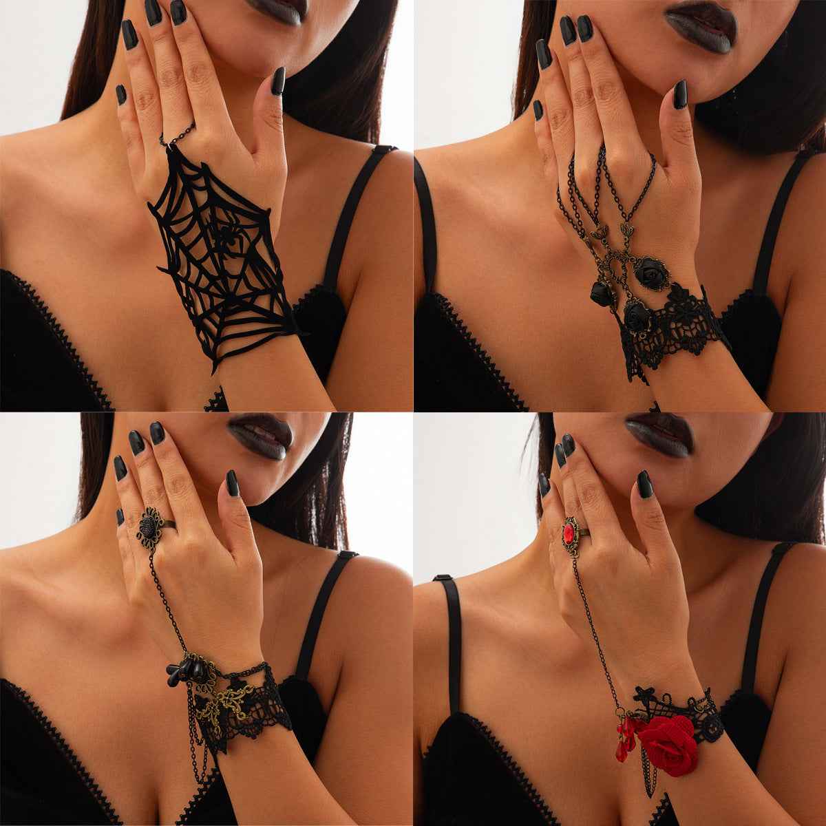 Halloween Punk Bracelet with Finger Mesh Tassel and Alloy Rose Lace Floral Handmade for Women