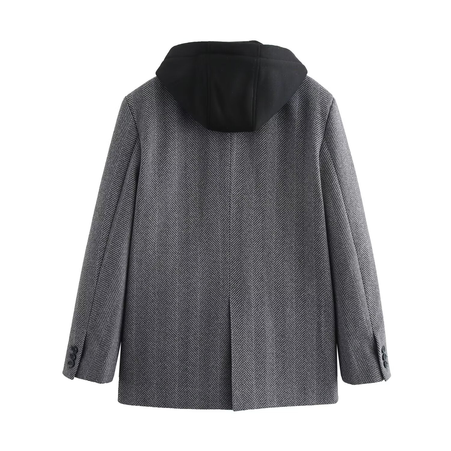 Hooded Patchwork Suit Jacket for Women - European and American Style Long Sleeve Herringbone Design-Casual Fashion - The Artisan's Wardrobe