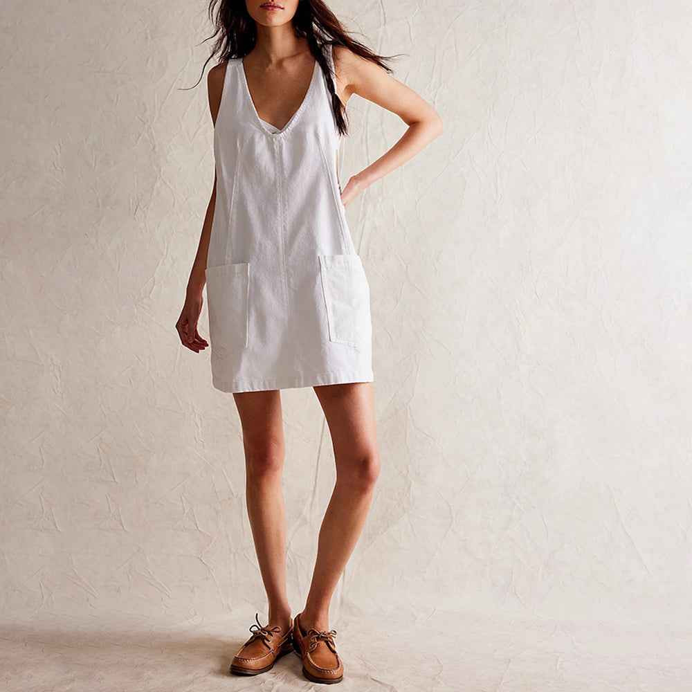 Summer Women's Denim Strap Pocket Mini Dress - Vintage A-Line Backless Sleeveless Design-Casual Fashion - The Artisan's Wardrobe