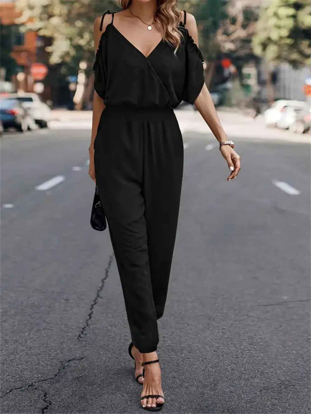 Surplice Spaghetti Strap Jumpsuit for Effortless Style and Comfort-Casual Fashion - The Artisan's Wardrobe