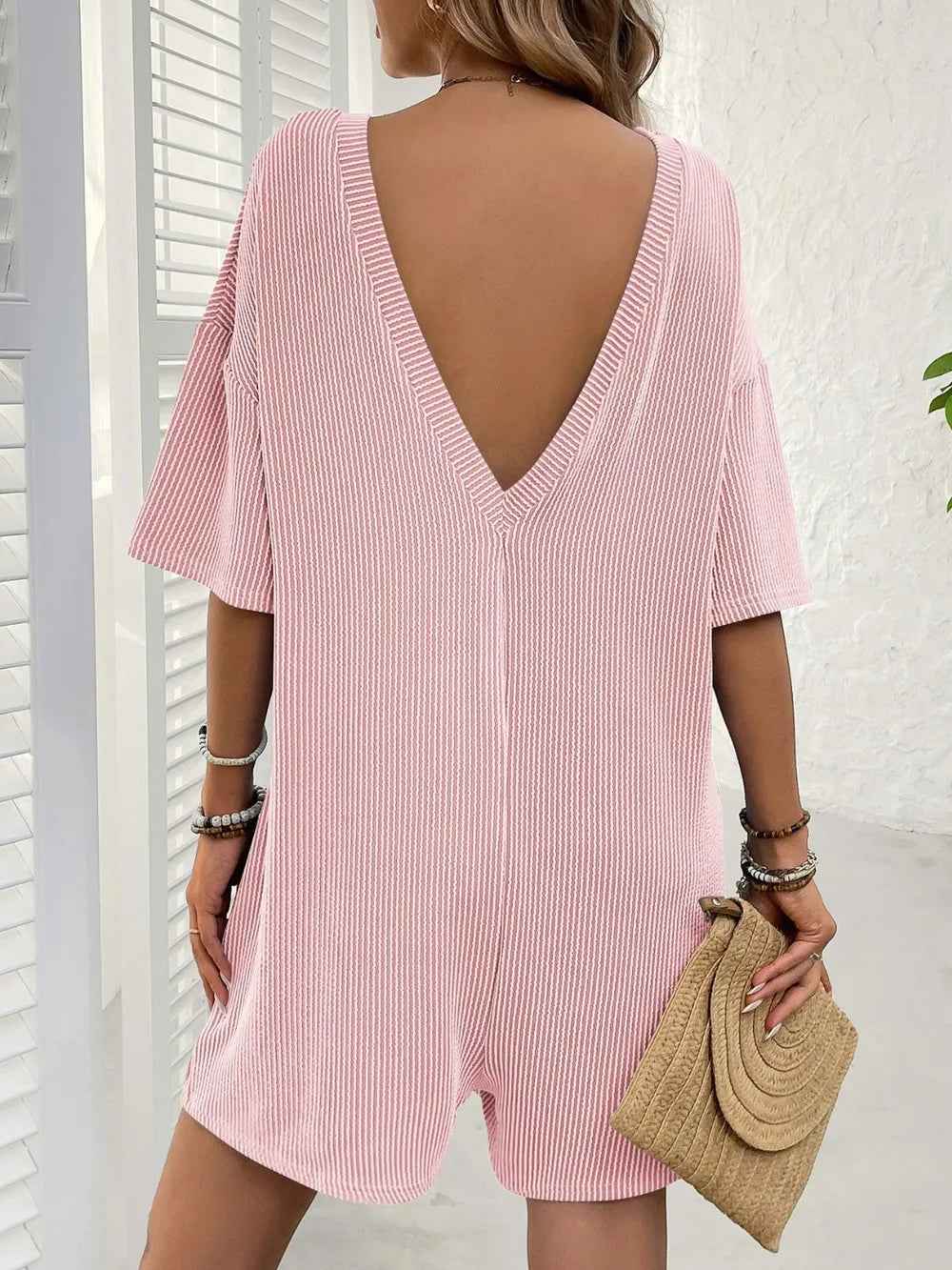 Backless Textured Romper with Round Neck and Half Sleeves for a Trendy Style-Casual Fashion - The Artisan's Wardrobe