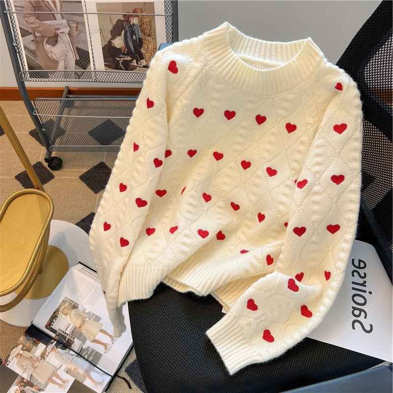 Round Neck Autumn Knitted Sweater for Women, Embroidered with Love, Casual & Stylish Long Sleeved Design