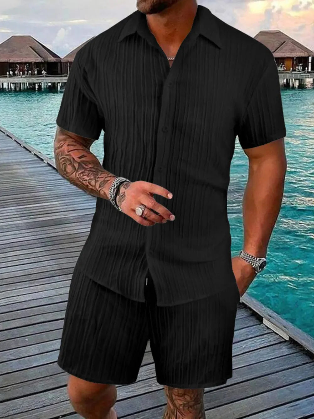 Men's Plus Size Short Sleeve Shirt and Shorts Set in Full Size-Casual Fashion - The Artisan's Wardrobe