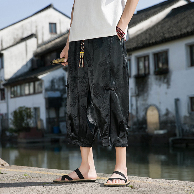 Summer Chinese Style Dragon Pattern Beach Pants for Men - Wide Leg Ice Silk Plate Button Design-Casual Fashion - The Artisan's Wardrobe