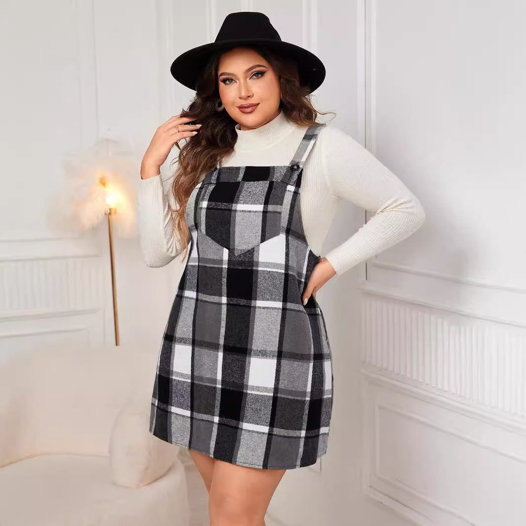 Oversized Fall Dresses Women V Neck Plaid Sleeveless Mini Pinafore Overall with Pockets for Casual and Bridesmaid Wear-Casual Fashion - The Artisan's Wardrobe