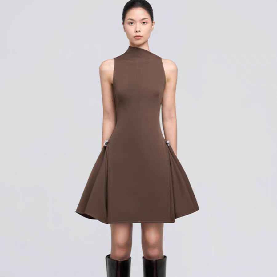 Metal Buckle Pleated Dress with Waist Cinching and Symmetrical Short Skirt-Casual Fashion - The Artisan's Wardrobe