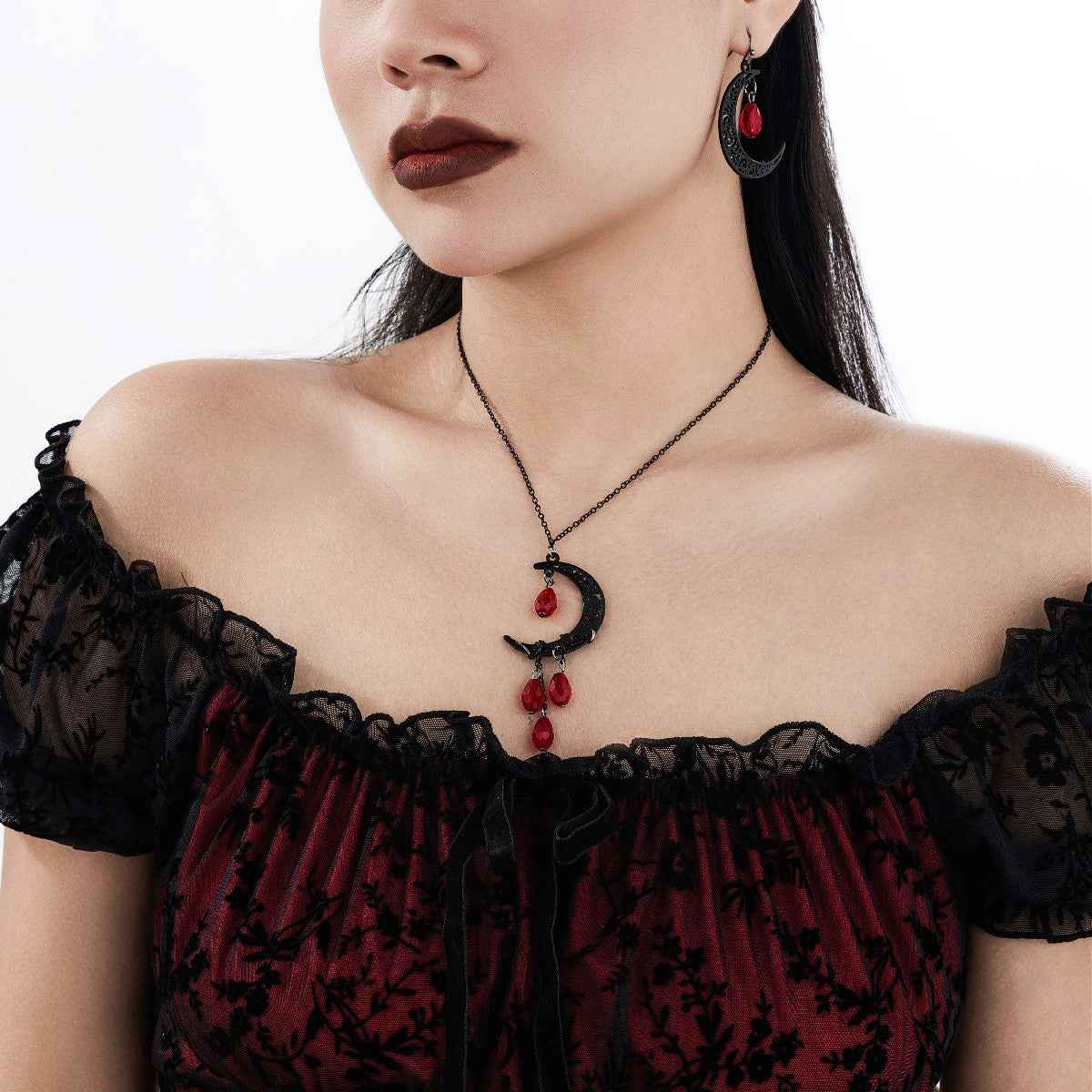 Sweet and Cool Halloween Ruby Necklace with Tassel Water Drop and Personalized Crescent Crystal Collar Chain-Casual Fashion - The Artisan's Wardrobe