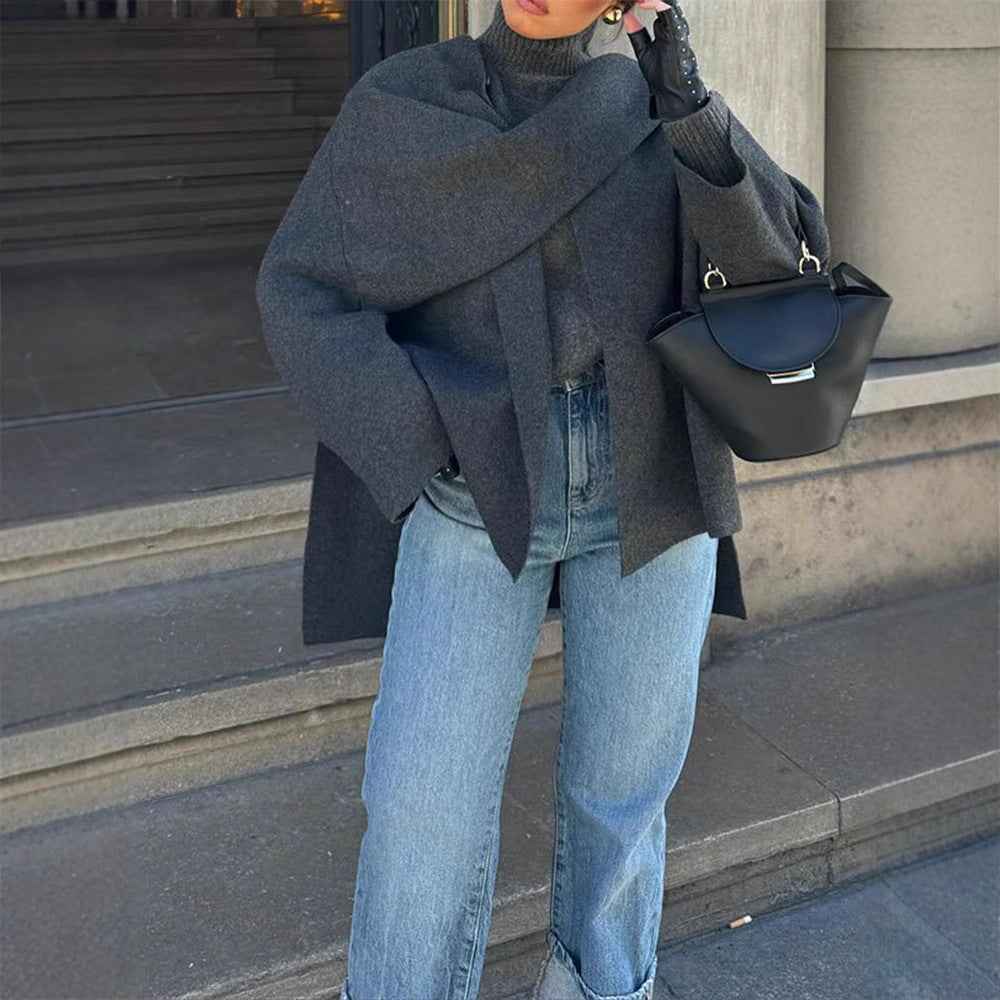 Asymmetric Shawl Cardigan Knitted Sweater Gray Long Sleeved Scarf-Casual Fashion - The Artisan's Wardrobe