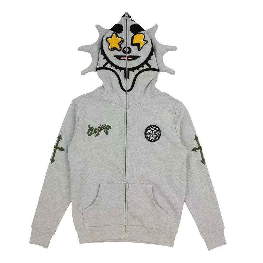 New trendy cartoon printed camouflage patchwork cardigan with zipper and hoodie for teenagers' casual hoodie