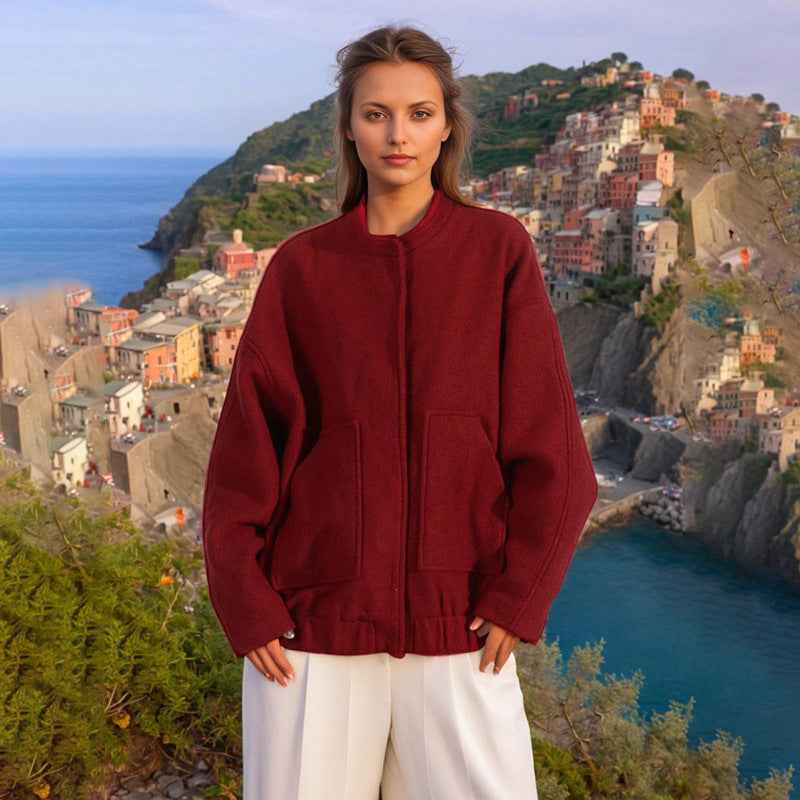 Minimalist Woolen Baseball Jacket for Women - Long Sleeved Slim Fit Stand Up Collar