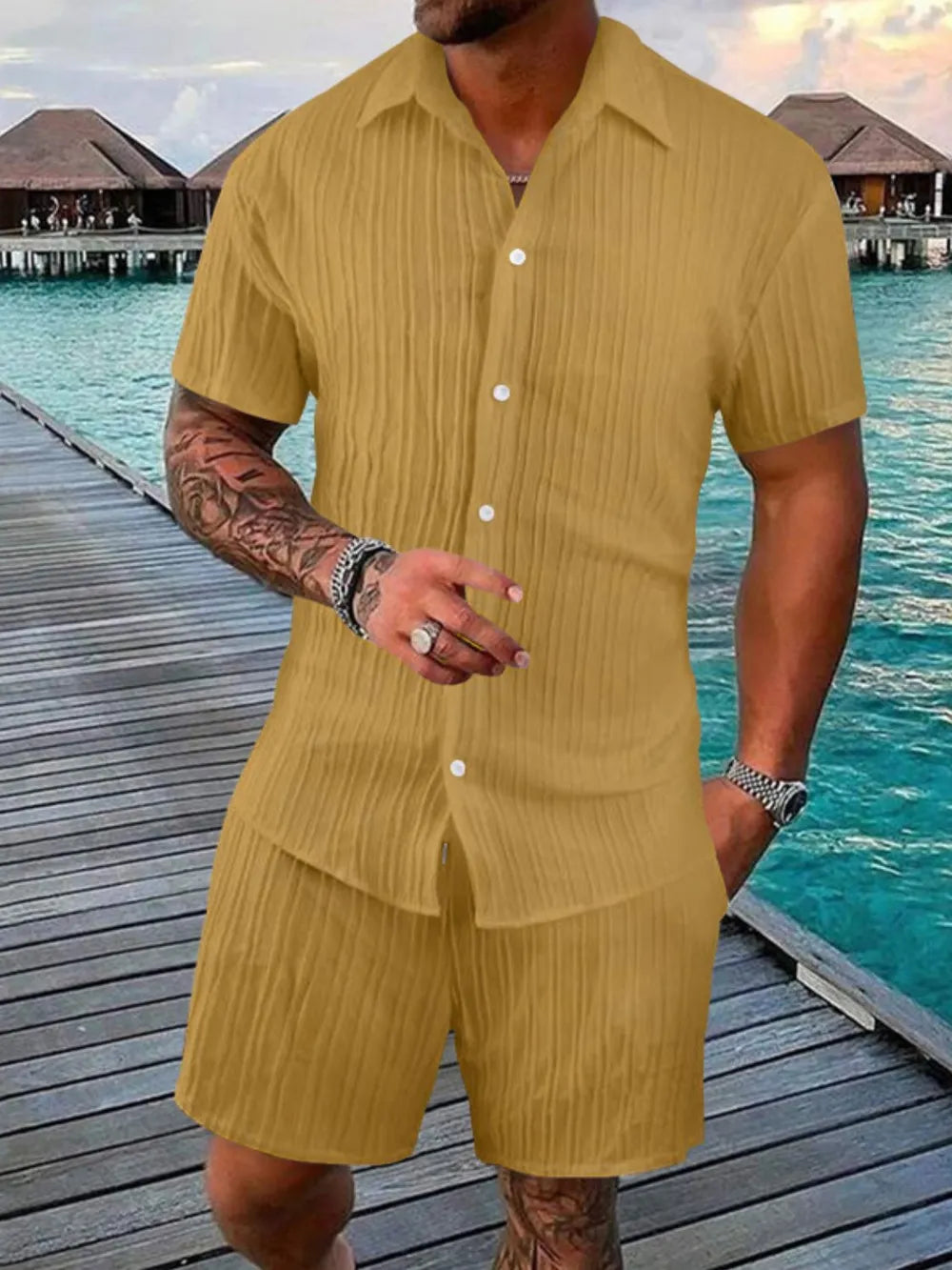 Men's Plus Size Short Sleeve Shirt and Shorts Set in Full Size-Casual Fashion - The Artisan's Wardrobe