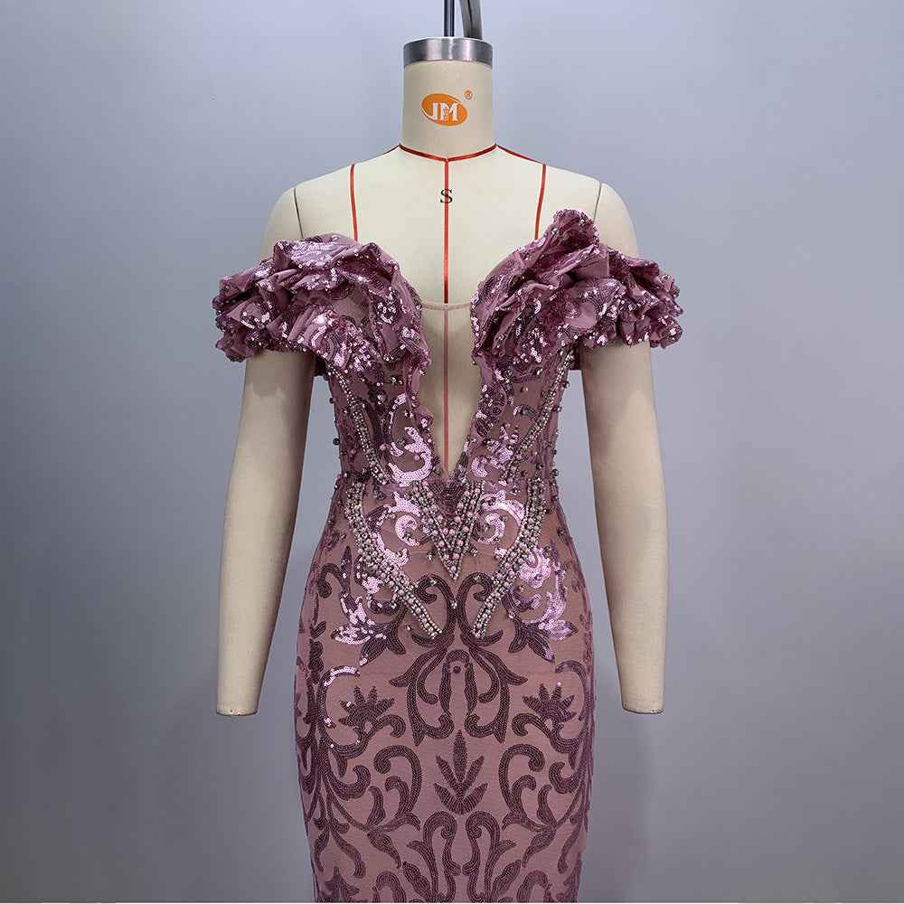 European and American Style Pink Mesh Evening Dress - Sexy and Charming-Casual Fashion - The Artisan's Wardrobe