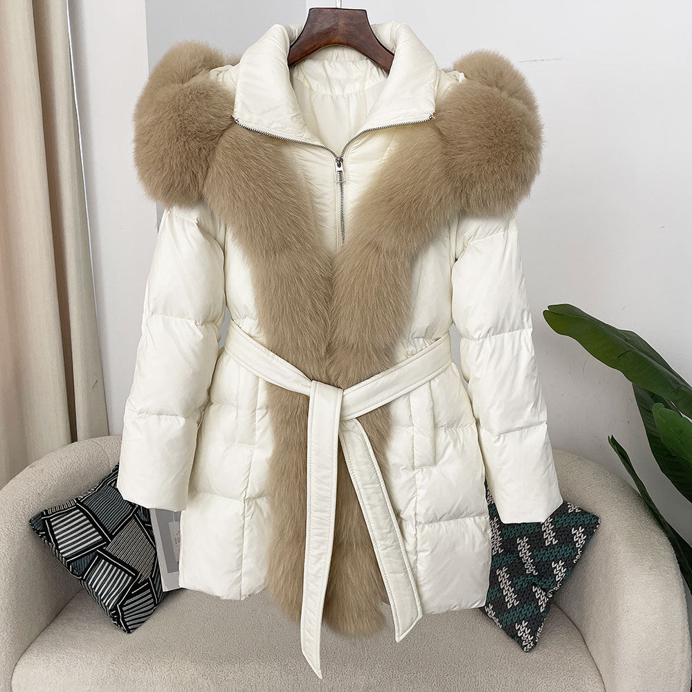 Hooded Down Jacket with Fox Fur Collar for Women-Casual Fashion - The Artisan's Wardrobe