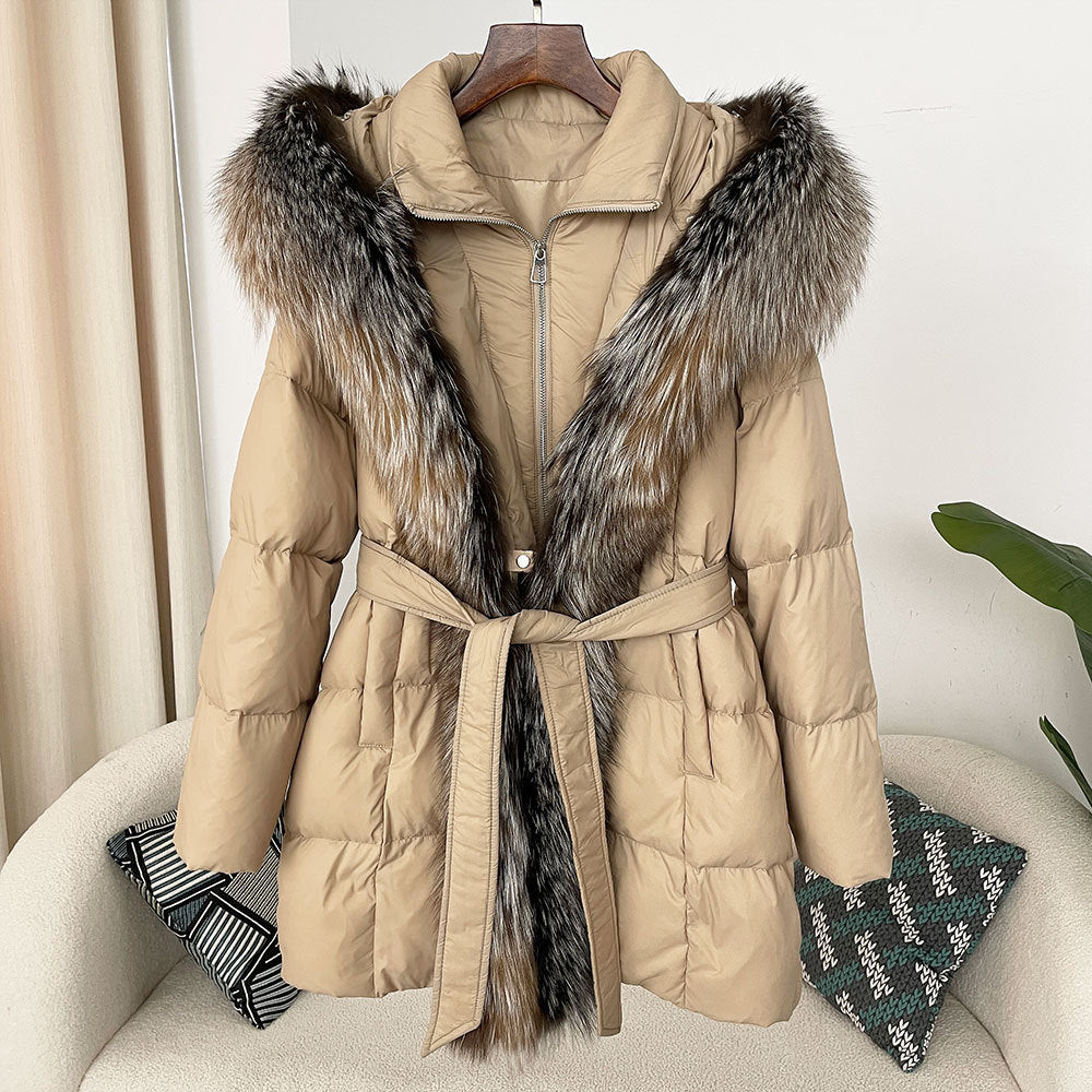Hooded Down Jacket with Fox Fur Collar for Women-Casual Fashion - The Artisan's Wardrobe